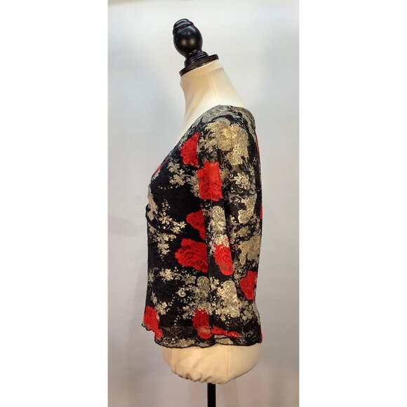 Y2K Babydoll Top Womens M (est) Black Red Rose Lace Sheer Fairy Whimsy Goth - Picture 3 of 7